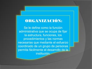 ORGANIZACIÓN:
Se le define como la función
administrativa que se ocupa de fijar
la estructura, funciones, los
procedimientos y las normas
necesarias que mediante el esfuerzo
coordinado de un grupo de personas
permita fácilmente el desarrollo de la
institución.
 
