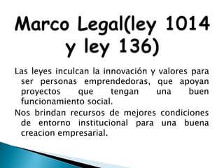 Las leyes inculcan la innovación y valores para
ser personas emprendedoras, que apoyan
proyectos
que
tengan
una
buen
funcionamiento social.
Nos brindan recursos de mejores condiciones
de entorno institucional para una buena
creacion empresarial.

 