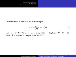 Planteamiento del problema
El ef´ecto tunel
Demostraci´on de la proposici´on 2.2
Consideremos el operador de Schr¨ondinger
H = −
2
2m
∆ + V (x), (2.1)
que actu´a en L2
(Rn
), donde ∆ es el operador de Laplace y V : Rn
→ R
es una funci´on que actua por multiplicaci´on.
Juliho David Castillo Colmenares An´alisis Semicl´asico de Operadores de Schr¨ondinger
 