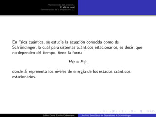 Planteamiento del problema
El ef´ecto tunel
Demostraci´on de la proposici´on 2.2
En f´ısica cu´antica, se estudia la ecuaci´on conocida como de
Schr¨ondinger, la cu´al para sistemas cu´anticos estacionarios, es decir, que
no dependen del tiempo, tiene la forma
Hψ = Eψ,
donde E representa los niveles de energ´ıa de los estados cu´anticos
estacionarios.
Juliho David Castillo Colmenares An´alisis Semicl´asico de Operadores de Schr¨ondinger
 