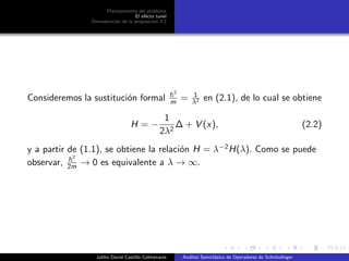 Planteamiento del problema
El ef´ecto tunel
Demostraci´on de la proposici´on 2.2
Consideremos la sustituci´on formal
2
m = 1
λ2 en (2.1), de lo cual se obtiene
H = −
1
2λ2
∆ + V (x), (2.2)
y a partir de (1.1), se obtiene la relaci´on H = λ−2
H(λ). Como se puede
observar,
2
2m → 0 es equivalente a λ → ∞.
Juliho David Castillo Colmenares An´alisis Semicl´asico de Operadores de Schr¨ondinger
 