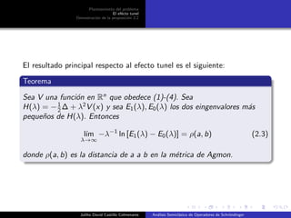 Planteamiento del problema
El ef´ecto tunel
Demostraci´on de la proposici´on 2.2
El resultado principal respecto al efecto tunel es el siguiente:
Teorema
Sea V una funci´on en Rn
que obedece (1)-(4). Sea
H(λ) = −1
2 ∆ + λ2
V (x) y sea E1(λ), E0(λ) los dos eingenvalores m´as
peque˜nos de H(λ). Entonces
l´ım
λ→∞
−λ−1
ln [E1(λ) − E0(λ)] = ρ(a, b) (2.3)
donde ρ(a, b) es la distancia de a a b en la m´etrica de Agmon.
Juliho David Castillo Colmenares An´alisis Semicl´asico de Operadores de Schr¨ondinger
 
