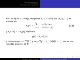 Planteamiento del problema
El ef´ecto tunel
Demostraci´on de la proposici´on 2.2
Para cualquier α > 0 ﬁja, escogemos hα ∈ C∞
(R), con |hα| ≤ 1, y de
manera que
hα(x) =
1, x ∈ [α, ∞),
−1, x ∈ (−∞, α],
(3.3)
y hα(−x) = −hα(x). Deﬁnimos
g(x) ≡ hα(d(x)),
y notamos que g ∈ C1
(Rn
) y supp ( g) ⊂ {x| d(x) < α} , que es una
vecindad alrededor de B.
Juliho David Castillo Colmenares An´alisis Semicl´asico de Operadores de Schr¨ondinger
 