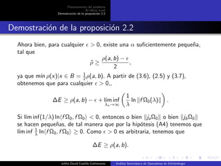 Planteamiento del problema
El ef´ecto tunel
Demostraci´on de la proposici´on 2.2
Demostraci´on de la proposici´on 2.2
Ahora bien, para cualquier > 0, existe una α suﬁcientemente peque˜na,
tal que
˜ρ ≥
ρ(a, b) −
2
,
ya que m´ın ρ(x)|x ∈ B = 1
2 ρ(a, b). A partir de (3.6), (2.5) y (3.7),
obtenemos que para cualquier > 0,,
∆E ≥ ρ(a, b) − + l´ım inf
λn→∞
1
λ
ln f Ω0(λ) .
Si l´ım inf(1/λ) ln f Ω0, f Ω0 < 0, entonces o bien jaΩ0 o bien jbΩ0
se hacen peque˜nas, de tal manera que por la hip´otesis (A4) tenemos que
l´ım inf 1
λ ln f Ω0, f Ω0 ≥ 0. Como > 0 es arbitraria, tenemos que
∆E ≥ ρ(a, b).
Juliho David Castillo Colmenares An´alisis Semicl´asico de Operadores de Schr¨ondinger
 