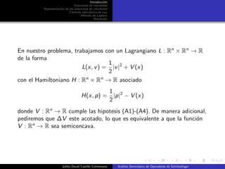 Introducci´on
Soluciones de viscosidad
Representaci´on de las soluciones de viscosidad
F´ormula estoc´astica de Lax
M´etodo de Laplace
Resultado
En nuestro problema, trabajamos con un Lagrangiano L : Rn
× Rn
→ R
de la forma
L(x, v) =
1
2
|v|2
+ V (x)
con el Hamiltoniano H : Rn
× Rn
→ R asociado
H(x, p) =
1
2
|p|2
− V (x)
donde V : Rn
→ R cumple las hipotesis (A1)-(A4). De manera adicional,
pediremos que ∆V este acotado, lo que es equivalente a que la funci´on
V : Rn
→ R sea semiconcava.
Juliho David Castillo Colmenares An´alisis Semicl´asico de Operadores de Schr¨ondinger
 