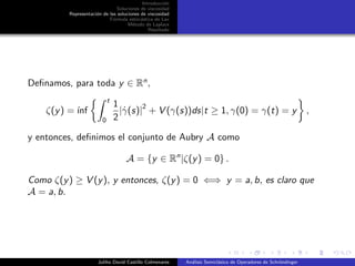 Introducci´on
Soluciones de viscosidad
Representaci´on de las soluciones de viscosidad
F´ormula estoc´astica de Lax
M´etodo de Laplace
Resultado
Deﬁnamos, para toda y ∈ Rn
,
ζ(y) =´ınf
t
0
1
2
|˙γ(s)|
2
+ V (γ(s))ds|t ≥ 1, γ(0) = γ(t) = y ,
y entonces, deﬁnimos el conjunto de Aubry A como
A = {y ∈ Rn
|ζ(y) = 0} .
Como ζ(y) ≥ V (y), y entonces, ζ(y) = 0 ⇐⇒ y = a, b, es claro que
A = a, b.
Juliho David Castillo Colmenares An´alisis Semicl´asico de Operadores de Schr¨ondinger
 