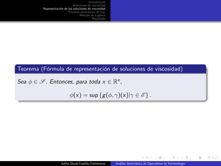 Introducci´on
Soluciones de viscosidad
Representaci´on de las soluciones de viscosidad
F´ormula estoc´astica de Lax
M´etodo de Laplace
Resultado
Teorema (F´ormula de representaci´on de soluciones de viscosidad)
Sea φ ∈ S . Entonces, para toda x ∈ Rn
,
φ(x) = sup {g(φ, γ)(x)|γ ∈ E } .
Juliho David Castillo Colmenares An´alisis Semicl´asico de Operadores de Schr¨ondinger
 