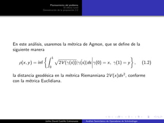 Planteamiento del problema
El ef´ecto tunel
Demostraci´on de la proposici´on 2.2
En este an´alisis, usaremos la m´etrica de Agmon, que se deﬁne de la
siguiente manera
ρ(x, y) =´ınf
1
0
2V (γ(s))| ˙γ(s)|ds γ(0) = x, γ(1) = y , (1.2)
la distancia geod´esica en la m´etrica Riemanniana 2V (x)dx2
, conforme
con la m´etrica Euclidiana.
Juliho David Castillo Colmenares An´alisis Semicl´asico de Operadores de Schr¨ondinger
 
