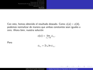 Introducci´on
Soluciones de viscosidad
Representaci´on de las soluciones de viscosidad
F´ormula estoc´astica de Lax
M´etodo de Laplace
Resultado
Con esto, hemos obtenido el resultado deseado. Como φ(a) = φ(b),
podemos normalizar de manera que ambas constantes sean iguales a
cero. Ahora bien, nuestra soluci´on
φ(x) = l´ım
εn→0
φεn
.
Pero
φεn
= 2εn ln ψεn
.
Juliho David Castillo Colmenares An´alisis Semicl´asico de Operadores de Schr¨ondinger
 
