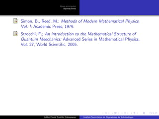 Ideas principales
Aportaciones
Simon, B., Reed, M.; Methods of Modern Mathematical Physics,
Vol. I; Academic Press, 1979.
Strocchi, F.; An introduction to the Mathematical Structure of
Quantum Meechanics; Advanced Series in Mathematical Physics,
Vol. 27, World Scientiﬁc, 2005.
Juliho David Castillo Colmenares An´alisis Semicl´asico de Operadores de Schr¨ondinger
 