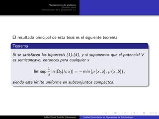 Planteamiento del problema
El ef´ecto tunel
Demostraci´on de la proposici´on 2.2
El resultado principal de esta tesis es el siguiente teorema
Teorema
Si se satisfacen las hiportesis (1)-(4), y si suponemos que el potencial V
es semiconcavo, entonces para cualquier x
l´ım sup
1
λ
ln |Ω0(λ; x)| = − m´ın (ρ (x, a) , ρ (x, b)) ,
siendo este l´ımite uniforme en subconjuntos compactos.
Juliho David Castillo Colmenares An´alisis Semicl´asico de Operadores de Schr¨ondinger
 