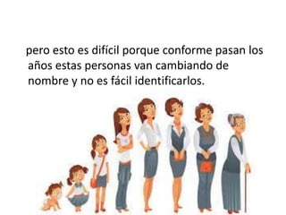 pero esto es difícil porque conforme pasan los
años estas personas van cambiando de
nombre y no es fácil identificarlos.
 