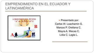 EMPRENDIMIENTO EN EL ECUADOR Y
LATINOAMÉRICA
 Presentado por:
Carlos W. Loachamin G.
Marcos P. Orellana C.
Mayra A. Macas C.
Lidia C. Lagla L.
 
