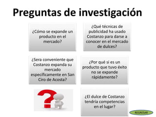 ¿Cómo se expande un
producto en el
mercado?
¿Qué técnicas de
publicidad ha usado
Costanzo para darse a
conocer en el mercado
de dulces?
¿Sera conveniente que
Costanzo expanda su
mercado
específicamente en San
Ciro de Acosta?
¿Por qué si es un
producto que tuvo éxito
no se expande
rápidamente?
¿El dulce de Costanzo
tendría competencias
en el lugar?
REGRESAR
 