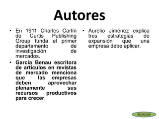Autores
• En 1911 Charles Carlín
de Curtis Publishing
Group funda el primer
departamento de
investigación de
mercados.
• García Benau escritora
de artículos en revistas
de mercado menciona
que las empresas
deben aprovechar
plenamente sus
recursos productivos
para crecer.
• Aurelio Jiménez explica
tres estrategias de
expansión que una
empresa debe aplicar.
REGRESAR
 
