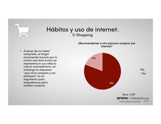 Hábitos y uso de internet.
E-Shopping
•  A pesar de no haber
comprado, el target
recomienda hacerlo por lo
común que ésta acción ya
representa en sus vidas lo
cual es contradictorio; sin
embargo la respuesta
“que otros compren y me
platiquen” es un
argumento para
empoderarse para
realizar compras.
81%
19%
¿Recomendarías a otra persona comprar por
internet?
Sí
No
*Fuente:&Elaboración&propia.&
Base: 2,159
 
