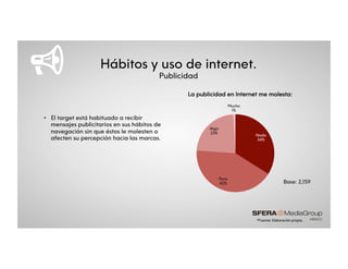 Hábitos y uso de internet.
Publicidad
*Fuente:&Elaboración&propia.&
•  El target está habituado a recibir
mensajes publicitarios en sus hábitos de
navegación sin que éstos le molesten o
afecten su percepción hacia las marcas.
*Fuente:&Elaboración&propia.&
Nada
34%
Poco
42%
Algo
23%
Mucho
1%
La publicidad en Internet me molesta:
Base: 2,159
 