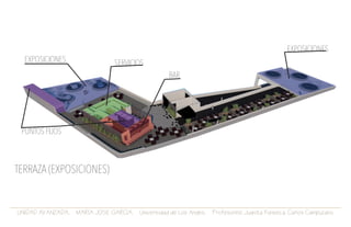 UNIDAD AVANZADA. MARIA JOSE GARCIA. Universidad de Los Andes. Profesores: Juanita Fonseca. Carlos Campuzano.
EXPOSICIONES
EXPOSICIONES SERVICIOS
BAR
PUNTOS FIJOS
TERRAZA (EXPOSICIONES)
 