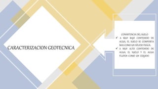 CARACTERIZACION GEOTECNICA
CONSISTENCIA DEL SUELO
 A MUY BAJO CONTENIDO DE
AGUA, EL SUELO SE COMPORTA
MAS COMO UN SÓLIDO FRÁGIL
 A MUY ALTO CONTENIDO DE
AGUA, EL SUELO Y EL AGUA
FLUYEN COMO UN LÍQUIDO
 