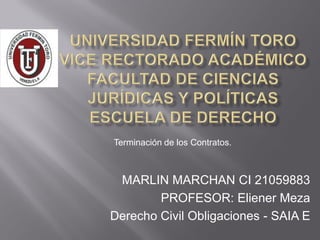 MARLIN MARCHAN CI 21059883
PROFESOR: Eliener Meza
Derecho Civil Obligaciones - SAIA E
Terminación de los Contratos.
 