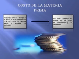 Podemos conocer a tiempo si    Las relaciones entre los
el precio al que vendemos lo
                               costos, los volúmenes
que producimos nos permite
lograr    la   obtención de    de producción y las
beneficios                     utilidades.
 