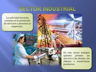 La actividad terciaria
consiste en la prestación
de servicios a personas (o
       empresas) .




                             En este sector trabajan
                             quienes prestan un
                             servicio a los demás, sin
                             obtener o transformar
                             productos.
 