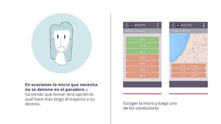 En ocaciones la micro que necesita
no se detiene en el paradero y
ha tenido que tomar otra opción lo
cual hace más largo el trayecto a su
destino. Escoger la micro y luego uno
de los conductores
 