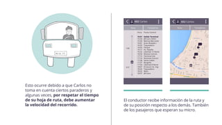 El conductor recibe información de la ruta y
de su posición respecto a los demás. También
de los pasajeros que esperan su micro.
Esto ocurre debido a que Carlos no
toma en cuenta ciertos paraderos y
algunas veces, por respetar el tiempo
de su hoja de ruta, debe aumentar
la velocidad del recorrido.
 