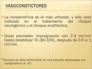 La norepinefrina es el más utilizado, y sólo está indicado en el tratamiento del choque neurogénico y el choque anafiláctico. Dosis promedio: impregnación con 2-3 ml/min hasta estabilizar TA (80-100), después de 0-5 a 1 ml/min. * Siempre se debe administrar en una solución dextrosada con norepinefrina al .4% 