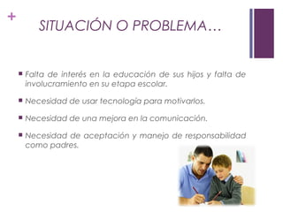+
SITUACIÓN O PROBLEMA…
 Falta de interés en la educación de sus hijos y falta de
involucramiento en su etapa escolar.
 Necesidad de usar tecnología para motivarlos.
 Necesidad de una mejora en la comunicación.
 Necesidad de aceptación y manejo de responsabilidad
como padres.
 