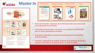 1
2
 Áreas transversales: integración de la información del curso relacionada
con el desarrollo de otras áreas.
 Actividades de aprendizaje: Interacción con la plataforma MACRONET
para un mejor aprendizaje de la sesión.
 Evaluando lo aprendido: promueve la autoevaluación de lo aprendido
durante la sesión.
 Proyectos: elaboración de material, producto de la aplicación de temas y
técnicas enseñadas; de acuerdo al curso, en cada la unidad.
 