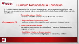 Currículo Nacional de la Educación
Competencia 28
El Proyecto Educativo Nacional (PEN) promueve el desarrollo en la competitividad del estudiante para
desenvolverse en los entornos virtuales, bajo el marco del Diseño Curricular Nacional (DCN), hace mención
específica en:
 Personaliza entornos virtuales:
selecciona y modifica entornos virtuales de acuerdo a su interés.
 Gestiona información del entorno virtual:
analiza, organiza y sistematiza información de manera ética y pertinente.
 Interactúa en entornos virtuales:
participa en estos entornos para comunicarse y mantener vínculos de manera
segura y coherente.
 Crea Objetos virtuales en diversos formatos:
construye y comparte material digital para su uso escolar y cotidiano.
 