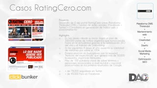 Casos RatingCero.com
Proyecto
Desarrollo de 0 del portal RatingCero sobre Plataforma
Thinkindot CMS + Gestión de redes sociales (Facebook +
Twitter) + Consultoría en generación de tráfico web y
posicionamiento
Highlights
o 
En tres meses –desde su inicio- logró un piso de
200.000 visitas de tráfico orgánico que nunca perdió
hasta en la actualidad gracias a la optimización SEO
del sitio y el trabajo de Linkbuilding.
o 
En los siguientes 4 meses el sitio aumentó su cantidad
de visitantes por sobre el 100%
o 
Primera posición en buscadores con la keyword
“Noticias del espectáculo” que genera más de 50.000
busquedas orgánicas mensuales.
o 
Más de 100 palabras clave de sobre términos y
personajes reconocidos a nivel mundial y nacional
posicionados en los primeros resultados de Google.
o 
o 

+ de 78.000 seguidores en Twitter
+ de 45.000 Fans en Facebook

Plataforma CMS
Thinkindot
+
Mantenimiento
web
+
Creatividad
+
Diseño
+
Social Media
Marketing
+
Optimización
SEO

 