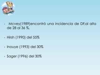 §     Mcvey(1989)encontró una incidencia de DF,al alta
      de 28 al 36 %.

§    Hirsh (1990) del 55%

§    Inouye (1993) del 30%

§    Sager (1996) del 30%
 