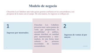 Modelo de negocio
Ingresos por mostrador.
Ingresos de ventas al por
mayor.
8
19/05/2020
Chocolate Los Caballero
proyecta tener varios puntos de
venta que proporciones la
accesibilidad al publico,
además distribuir en cantidad
para supermercados y mini-
markets, de esta forma tener
cubierta las primeras
necesidades de nuestros
consumidores.
Chocolate Los Caballero ante todo quiere generar confianza en los consumidores y así
prosperar de la mano con el campo. De esta manera, los ingresos se reflejan así:
 