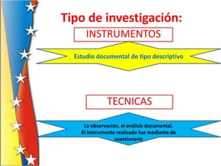 Tipo de investigación:
      INSTRUMENTOS
  Estudio documental de tipo descriptivo




              TECNICAS
     La observación, el análisis documental.
    El instrumento realizado fue mediante de
                  cuestionario
 