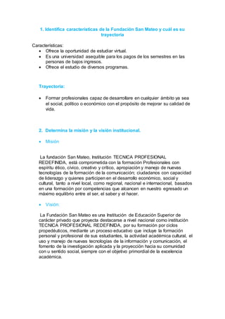 1. Identifica características de la Fundación San Mateo y cuál es su
trayectoria
Características:
 Ofrece la oportunidad de estudiar virtual.
 Es una universidad asequible para los pagos de los semestres en las
personas de bajos ingresos.
 Ofrece el estudio de diversos programas.
Trayectoria:
 Formar profesionales capaz de desarrollare en cualquier ámbito ya sea
el social, político o económico con el propósito de mejorar su calidad de
vida.
2. Determina la misión y la visión institucional.
 Misión
La fundación San Mateo, Institución TECNICA PROFESIONAL
REDEFINIDA, está comprometida con la formación Profesionales con
espíritu ético, cívico, creativo y crítico, apropiación y manejo de nuevas
tecnologías de la formación de la comunicación; ciudadanos con capacidad
de liderazgo y quienes participen en el desarrollo económico, social y
cultural, tanto a nivel local, como regional, nacional e internacional, basados
en una formación por competencias que alcancen en nuestro egresado un
máximo equilibrio entre el ser, el saber y el hacer.
 Visión:
La Fundación San Mateo es una Institución de Educación Superior de
carácter privado que proyecta destacarse a nivel nacional como institución
TECNICA PROFESIONAL REDEFINIDA, por su formación por ciclos
propedéuticos, mediante un proceso educativo que incluye la formación
personal y profesional de sus estudiantes, la actividad académica cultural, el
uso y manejo de nuevas tecnologías de la información y comunicación, el
fomento de la investigación aplicada y la proyección hacia su comunidad
con u sentido social, siempre con el objetivo primordial de la excelencia
académica.
 