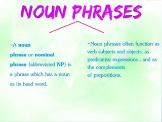 -Noun phrases often function as 
verb subjects and objects, as 
predicative expressions , and as 
the complements 
of prepositions. 
-A noun 
phrase or nominal 
phrase (abbreviated NP) is 
a phrase which has a noun 
as its head word. 
 
