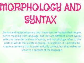Syntax and morphology are both important to the way that people 
derive meaning from language, but they are different in that syntax 
refers to the order and use of words, and morphology refers to the 
parts of words that create meaning. For example, it is possible to 
create a sentence that is grammatically correct, but that makes no 
sense to a speaker of the language. 
 
