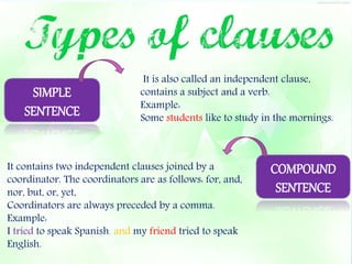 It is also called an independent clause, 
contains a subject and a verb. 
Example: 
Some students like to study in the mornings. 
SIMPLE 
SENTENCE 
It contains two independent clauses joined by a 
coordinator. The coordinators are as follows: for, and, 
nor, but, or, yet, 
Coordinators are always preceded by a comma. 
Example: 
I tried to speak Spanish, and my friend tried to speak 
English. 
COMPOUND 
SENTENCE 
 