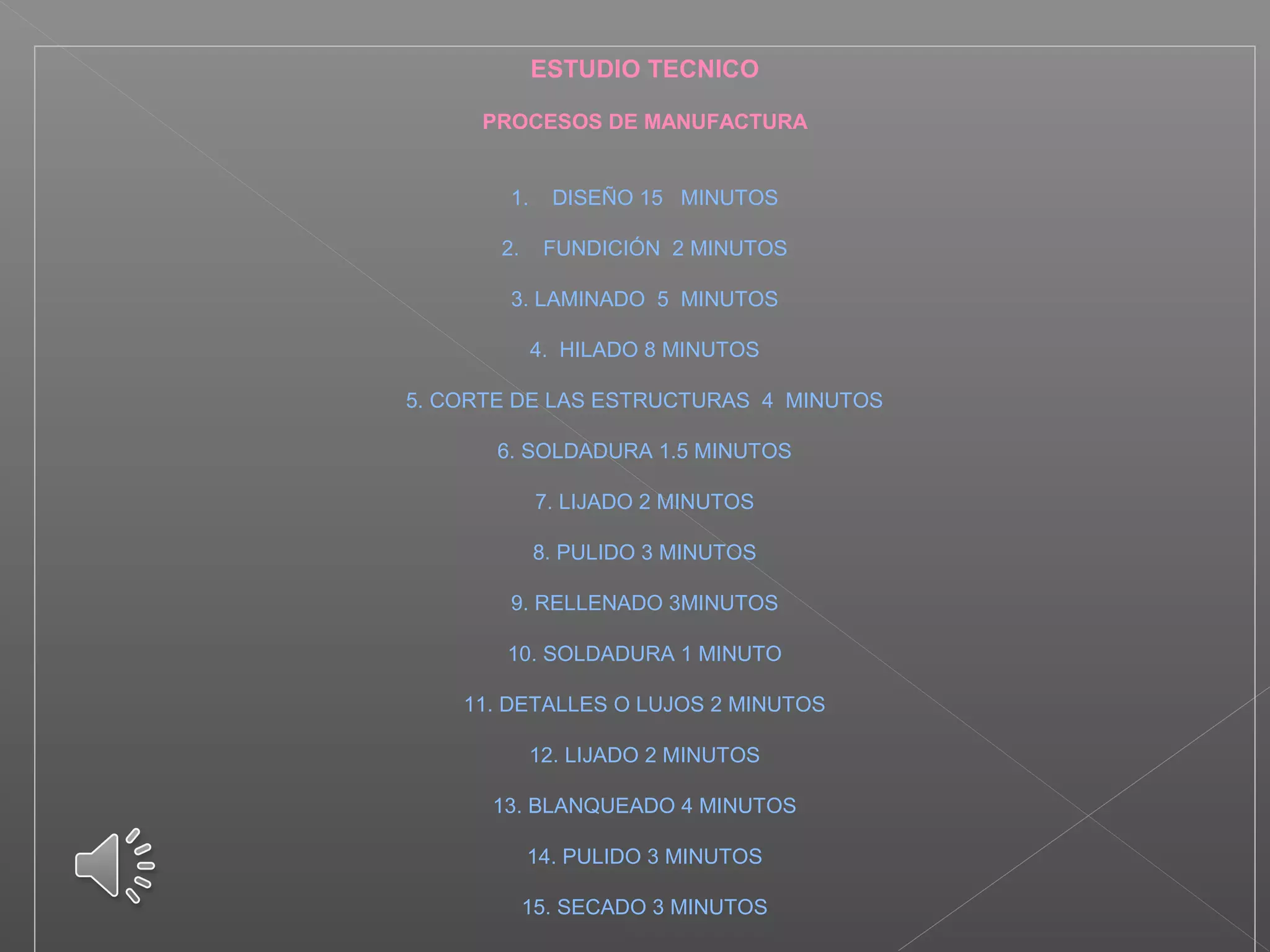 ESTUDIO TECNICO
PROCESOS DE MANUFACTURA
1.    DISEÑO 15   MINUTOS
2.    FUNDICIÓN  2 MINUTOS
3. LAMINADO  5  MINUTOS
4.  HILADO 8 MINUTOS
5. CORTE DE LAS ESTRUCTURAS  4  MINUTOS
6. SOLDADURA 1.5 MINUTOS
7. LIJADO 2 MINUTOS
8. PULIDO 3 MINUTOS
9. RELLENADO 3MINUTOS
10. SOLDADURA 1 MINUTO
11. DETALLES O LUJOS 2 MINUTOS
12. LIJADO 2 MINUTOS
13. BLANQUEADO 4 MINUTOS
14. PULIDO 3 MINUTOS
15. SECADO 3 MINUTOS
 