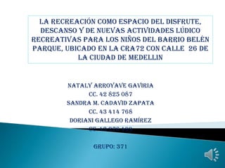 NATALY ARROYAVE GAVIRIA
CC. 42 825 087
SANDRA M. CADAVID ZAPATA
CC. 43 414 768
DORIANI GALLEGO RAMÍREZ
CC. 43 276 499
GRUPO: 371
LA RECREACIÓN COMO ESPACIO DEL DISFRUTE,
DESCANSO Y DE NUEVAS ACTIVIDADES LÚDICO
RECREATIVAS PARA LOS NIÑOS DEL BARRIO BELÉN
PARQUE, UBICADO EN LA CRA72 CON CALLE 26 DE
LA CIUDAD DE MEDELLIN
 