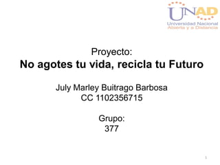 Proyecto:
No agotes tu vida, recicla tu Futuro

       July Marley Buitrago Barbosa
             CC 1102356715

                 Grupo:
                  377


                                       1
 