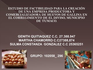 ESTUDIO DE FACTIBILIDAD PARA LA CREACIÓN
DE UNA EMPRESA PRODUCTORA Y
COMERCIALIZADORA DE HUEVOS DE GALLINA EN
EL CORREGIMIENTO DE EL DIVISO, MUNICIPIO
DE TUMACO.
GENITH QUITIAQUEZ C.C. 27.388.947
MARTHA CHAMORRO C.C27388,874
SULMA CONSTANZA GONZALEZ C.C 25365251
GRUPO: 102058_ 296
 