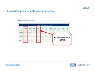 www.canalip.com Evolución mensual del Posicionamiento SEO 