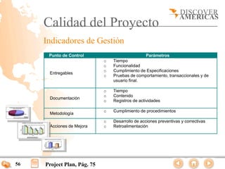 Calidad del Proyecto
     Indicadores de Gestión
      Punto de Control                            Parámetros
                             o   Tiempo
                             o   Funcionalidad
                             o   Cumplimiento de Especificaciones
      Entregables
                             o   Pruebas de comportamiento, transaccionales y de
                                 usuario final.

                             o   Tiempo
                             o   Contenido
      Documentación
                             o   Registros de actividades

                             o   Cumplimiento de procedimientos
      Metodología
                             o   Desarrollo de acciones preventivas y correctivas
      Acciones de Mejora     o   Retroalimentación




56   Project Plan, Pág. 75
 