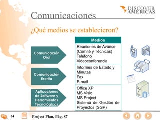 Comunicaciones
     ¿Qué medios se establecieron?
                                    Medios
                             Reuniones de Avance
      Comunicación           (Comité y Técnicas)
         Oral                Teléfono
                             Videoconferencia
                             Informes de Estado y
                             Minutas
      Comunicación
         Escrita             Fax
                             E-mail
                             Office XP
      Aplicaciones           MS Visio
      de Software y
                             MS Project
      Herramientas
      Tecnológicas           Sistema de Gestión de
                             Proyectos (SGP)

64   Project Plan, Pág. 87
 