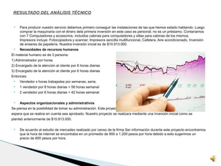  Para producir nuestro servicio debemos primero conseguir las instalaciones de las que hemos estado hablando. Luego
comprar la maquinaria con el dinero dela primera inversión en este caso es personal, no es un préstamo. Contaríamos
con 7 Computadores y accesorios, incluidos cabinas para computadores y sillas para cabinas de los mismos,
Impresora incluye: Fotocopiadora y scanner, Impresora sencilla multifuncional, Cafetera, Aire acondicionado, Inversión
de enseres de papelería. Nuestra inversión inicial es de $10.913.000.
 Necesidades de recursos humanos
El material humano es de 3 persona:
1) Administrador por horas
2) Encargado de la atención al cliente por 8 horas diarias
3) Encargado de la atención al cliente por 6 horas diarias
Entonces:
 Vendedor x horas trabajadas por semanas, seria;
 1 vendedor por 8 horas diarias = 56 horas semanal
 2 vendedor por 6 horas diarias = 42 horas semanal
 Aspectos organizacionales y administrativos
Se piensa en la posibilidad de tomar su administración. Este proyecto se llevara a cabo en el Barrio Codito y se
espera que se realice en cuenta sea aprobado. Nuestro proyecto se realizara mediante una inversión inicial como se
planteó anteriormente de $10.913.000.
 De acuerdo al estudio de mercadeo realizado por censo de la firma Ser información durante este proyecto encontramos
que la hora de internet se encontraba en un promedio de 800 a 1.200 pesos por hora debido a esto sugerimos un
precio de 800 pesos por hora.
RESULTADO DEL ANÁLISIS TÉCNICO
 