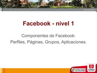 Facebook - nivel 1
Componentes de Facebook:
Perfiles, Páginas, Grupos, Aplicaciones.
 