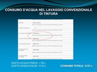 27
CONSUMO D'ACQUA NEL LAVAGGIO CONVENZIONALE
DI TINTURA
GASTO ACQUA FREDA: 1´84 L
GASTO ACQUA CALDA : 6´22 L CONSUMO TOTALE : 8´07 L
 